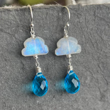 Load image into Gallery viewer, Rainbow Moonstone Raincloud and Raindrop Quartz Earrings in sterling, rose gold or gold