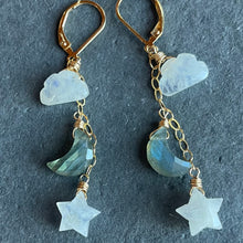 Load image into Gallery viewer, Cloud, Star, and Moon Earrings, Rainbow Moonstone and Labradorite, OOAK
