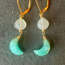 Load image into Gallery viewer, Rainbow Moonstone and Amazonite Moon Mini Dangle Earrings, OOAK