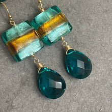 Load image into Gallery viewer, Colorblock Butterscotch and Teal Murano Glass and Quartz Springy Dangle Earrings
