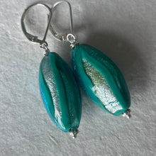 Load image into Gallery viewer, Trio Foiled Blue floral Murano Glass Dangle Earrings