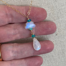 Load image into Gallery viewer, Rainbow Moonstone Raincloud and Raindrop Necklace in 14k Gold Filled