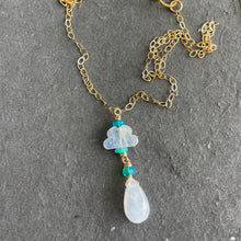 Load image into Gallery viewer, Rainbow Moonstone Raincloud and Raindrop Necklace in 14k Gold Filled