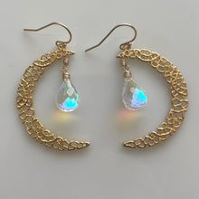 Load image into Gallery viewer, Fire Moonstone Crescent Moon Gold Vermeil Earrings