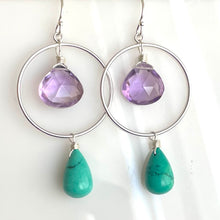 Load image into Gallery viewer, Amethyst and Tibetan Turquoise Hoop Earrings