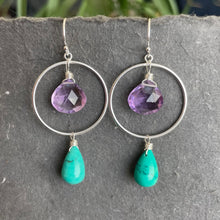 Load image into Gallery viewer, Amethyst and Tibetan Turquoise Hoop Earrings