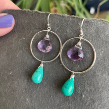 Load image into Gallery viewer, Amethyst and Tibetan Turquoise Hoop Earrings