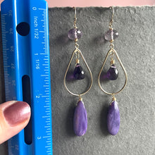 Load image into Gallery viewer, Charoite And Amethyst Chandelier Earrings, Gold