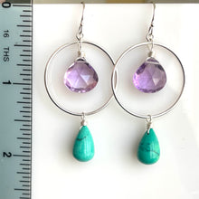 Load image into Gallery viewer, Amethyst and Tibetan Turquoise Hoop Earrings