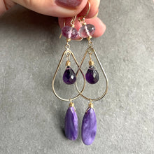 Load image into Gallery viewer, Charoite And Amethyst Chandelier Earrings, Gold