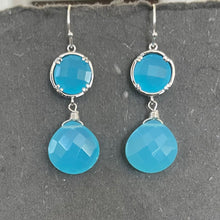 Load image into Gallery viewer, Aqua Blue Bezel Dangle Earrings