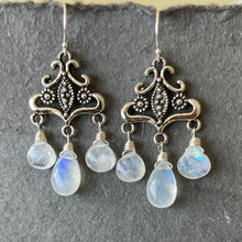 Load image into Gallery viewer, You must be royalty, rainbow moonstone Chandelier Earrings