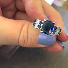 Load image into Gallery viewer, Sapphire Look Cocktail Ring, 7, 14k white gold plate