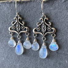 Load image into Gallery viewer, You must be royalty, rainbow moonstone Chandelier Earrings