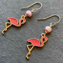 Load image into Gallery viewer, Flamingo and Pearl Dangles