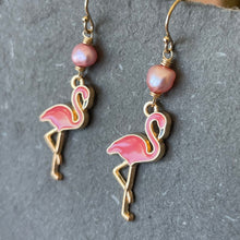 Load image into Gallery viewer, Flamingo and Pearl Dangles