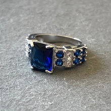Load image into Gallery viewer, Sapphire Look Cocktail Ring, 7, 14k white gold plate