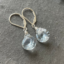 Load image into Gallery viewer, Pale Blue Ice Laser Cut Quartz Heart Dangle Earrings