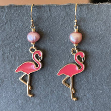 Load image into Gallery viewer, Flamingo and Pearl Dangles