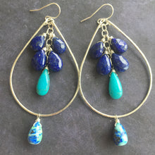 Load image into Gallery viewer, Stars at Night Lapis Lazuli and Turquoise Double Decker Hoops