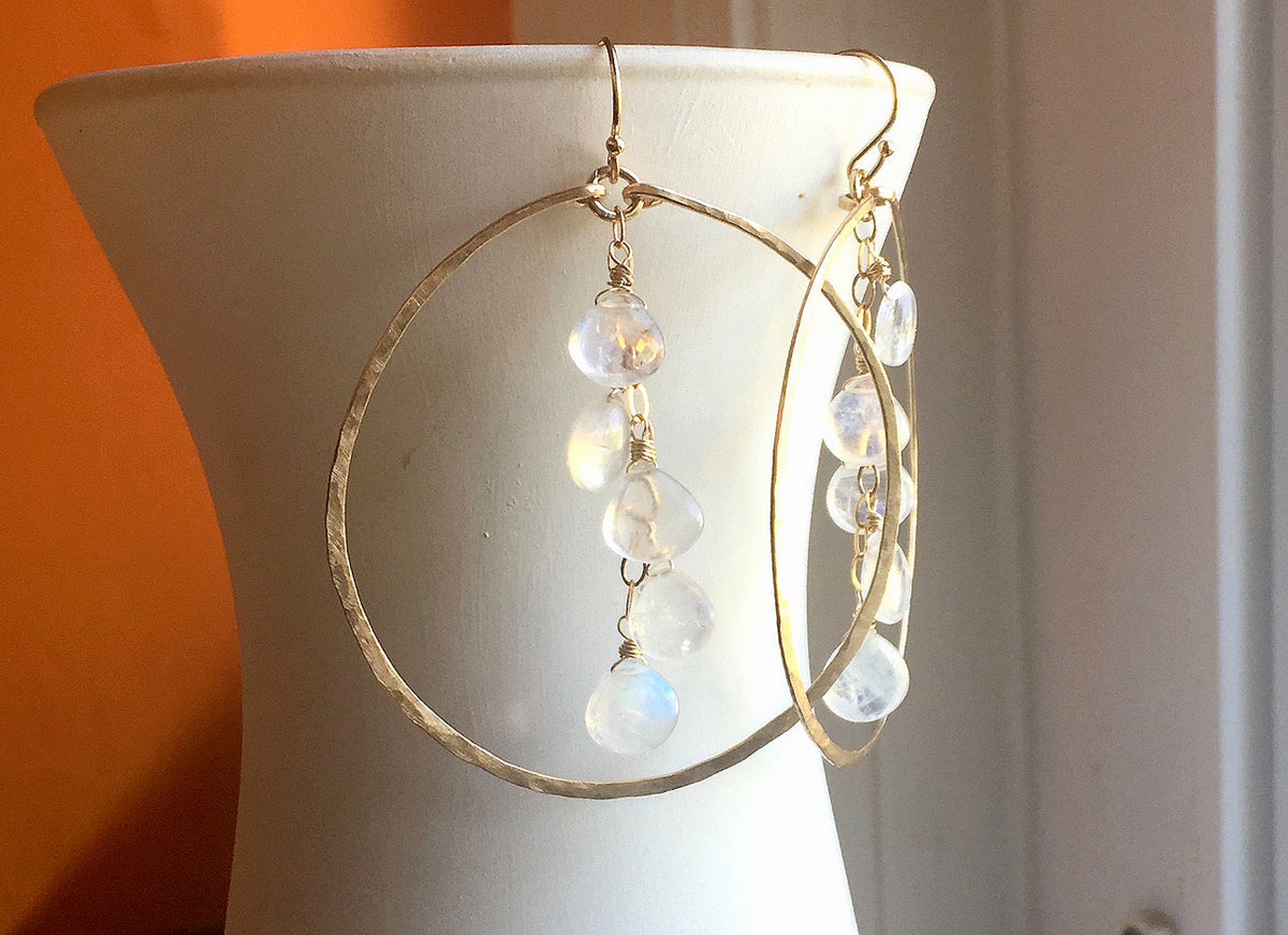 Deborah Hammered Hoop Earrings in Moonstone and 14K Gold