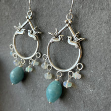 Load image into Gallery viewer, Milky Quartz and Opal Birdie Chandelier Earrings