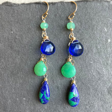 Load image into Gallery viewer, Chrysoprase and Lapis Lazuli Turquoise Cascade Earrings