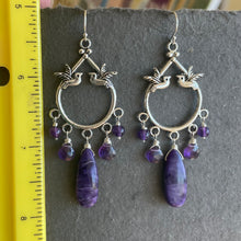 Load image into Gallery viewer, Charoite And Amethyst Birdie Chandelier Earrings