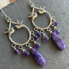 Load image into Gallery viewer, Charoite And Amethyst Birdie Chandelier Earrings
