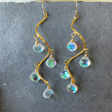 Load image into Gallery viewer, Spiral Fire Rainbow Moonstone Gold dangles