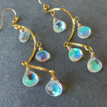 Load image into Gallery viewer, Spiral Fire Rainbow Moonstone Gold dangles