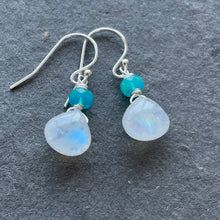 Load image into Gallery viewer, Rainbow Moonstone and Paraiba Opal Dangles, metal options