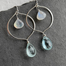 Load image into Gallery viewer, Aquamarine and Rainbow Moonstone Sofia Hoop Earrings, OOAK, no2
