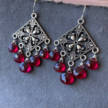 Load image into Gallery viewer, Cranberry Filigree Chandelier Earrings, OOAK