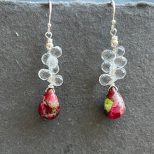 Load image into Gallery viewer, Green/Garnet Turquoise and White Sapphire Earrings, OOAK