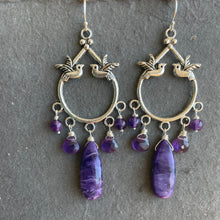 Load image into Gallery viewer, Charoite And Amethyst Birdie Chandelier Earrings