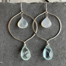 Load image into Gallery viewer, Aquamarine and Rainbow Moonstone Sofia Hoop Earrings, OOAK, no2