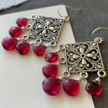 Load image into Gallery viewer, Cranberry Filigree Chandelier Earrings, OOAK