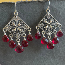 Load image into Gallery viewer, Cranberry Filigree Chandelier Earrings, OOAK