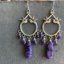 Load image into Gallery viewer, Charoite And Amethyst Birdie Chandelier Earrings