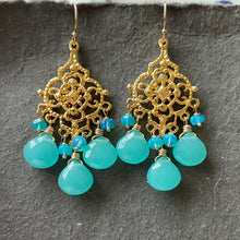 Load image into Gallery viewer, Blue chalcedony and opal filigree Chandelier Earrings