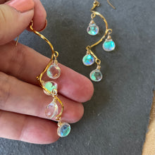 Load image into Gallery viewer, Spiral Fire Rainbow Moonstone Gold dangles