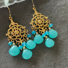 Load image into Gallery viewer, Blue chalcedony and opal filigree Chandelier Earrings