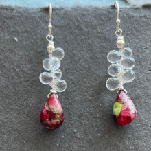 Load image into Gallery viewer, Green/Garnet Turquoise and White Sapphire Earrings, OOAK