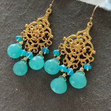 Load image into Gallery viewer, Blue chalcedony and opal filigree Chandelier Earrings