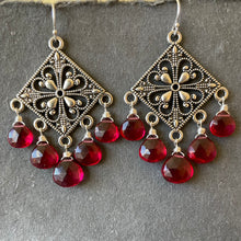 Load image into Gallery viewer, Cranberry Filigree Chandelier Earrings, OOAK