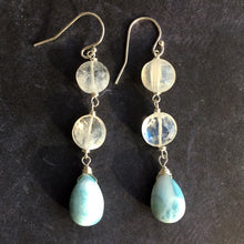 Load image into Gallery viewer, Larimar and Rainbow Moonstone Dangles