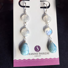 Load image into Gallery viewer, Larimar and Rainbow Moonstone Dangles