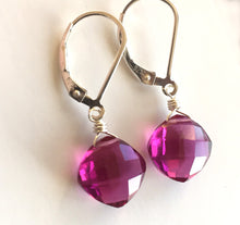 Load image into Gallery viewer, Magenta Cushion Cut Quartz Earrings, Metal choices