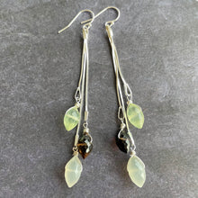 Load image into Gallery viewer, Prehnite, Smoky Quartz and Moonstone Dewdrop Tassel earrings